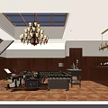 Elegant KTV Lounge Interior With Skylight Wooden Walls Chandeliers Sofa And Bar
