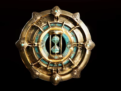 Golden Circular Decorative Ornament Set With Blue Accents And Hourglass Centerpiece 3d model