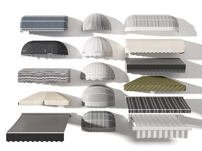 Various Stylish Awning Designs Featuring Different Shapes Color Patterns And Styles For Outdoor Use 3d model