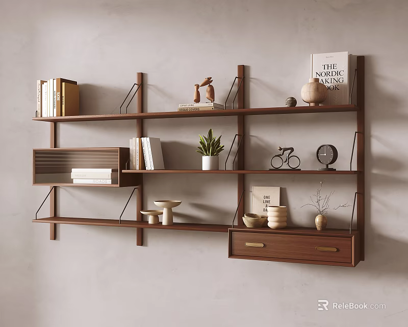 Modern Wooden Floating Shelves With Books Decorative Items And Potted Plant 3d model 