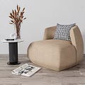 Beige Single Sofa With Plaid Pillow Small Round Table Vase Dried Flowers Newspaper Wooden Floor
