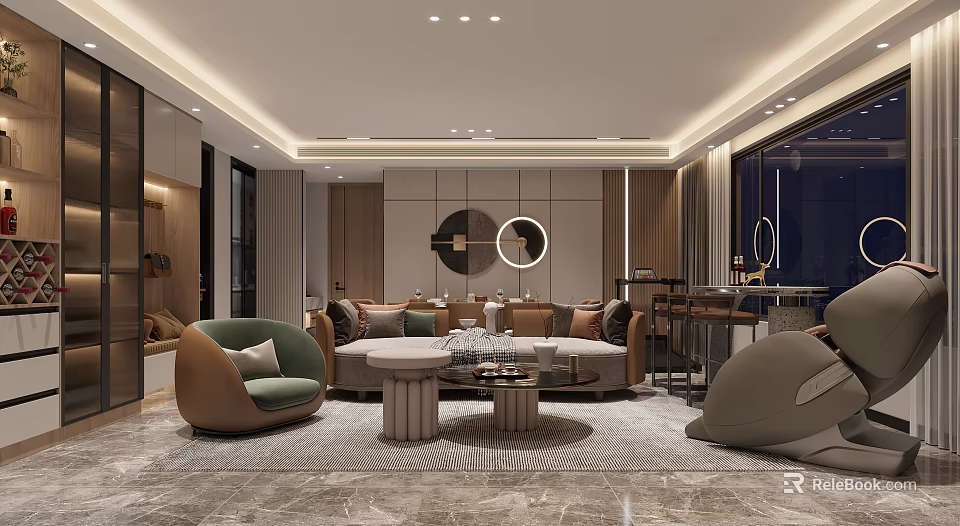 Modern Dining Living Room Interior Design With Open Layout Sofa and Round Coffee Tables 3d model 
