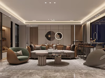 Modern Dining Living Room Interior Design With Open Layout Sofa and Round Coffee Tables 3d model