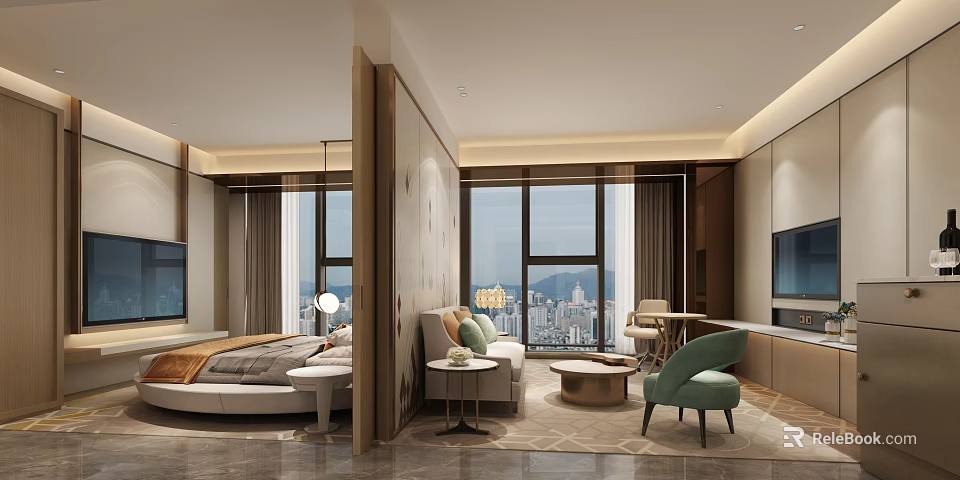 Modern Hotel Guest Room With City View Large Windows Sofa And Green Accent Chair 3d model 
