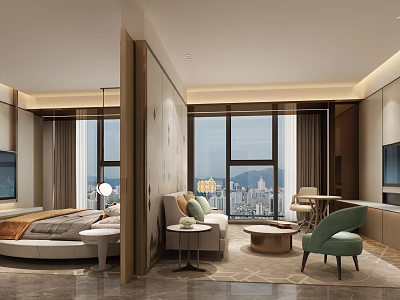 Modern Hotel Guest Room With City View Large Windows Sofa And Green Accent Chair 3d model