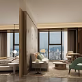 Modern Hotel Guest Room With City View Large Windows Sofa And Green Accent Chair