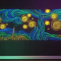 Van Gogh Style Starry Night Decorative Light with Glowing Stars Wavy Lines and Village Church