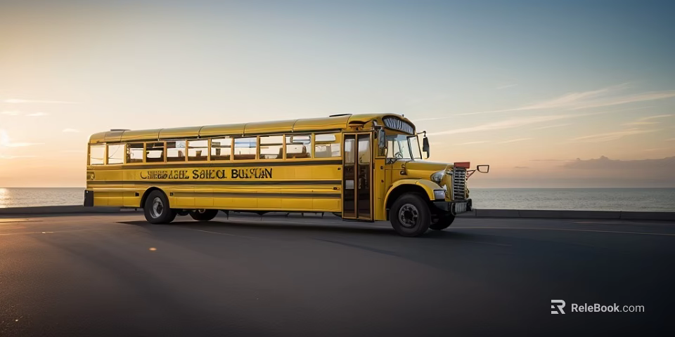 Yellow Lancaster School Bus Parked On Scenic Coastal Road During Sunset 3d model 