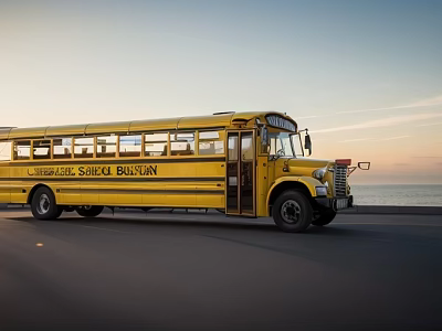 Yellow Lancaster School Bus Parked On Scenic Coastal Road During Sunset 3d model