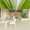 Artistic Book Art Library Interior With Wooden Bookshelves Green Plants And Wavy Ceiling Decorations