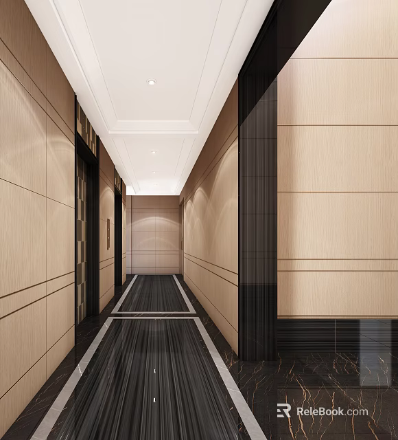 Modern Elevator Hallway Interior With Light Wooden Walls And Dark Frames 3d model 