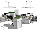 Modern Office Desk Layout With Computer Monitors Chairs And Green Plants 3d model