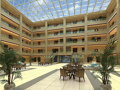 Shopping Mall Lobby with Glass Dome Ceiling Multi Level Structure Indoor Plants and Seating Areas 3d model