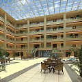 Shopping Mall Lobby with Glass Dome Ceiling Multi Level Structure Indoor Plants and Seating Areas