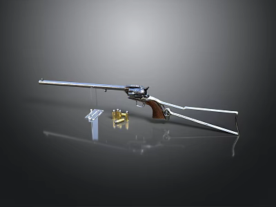 Silver Revolver With Wooden Grip And Bullets On Dark Reflective Surface 3d model