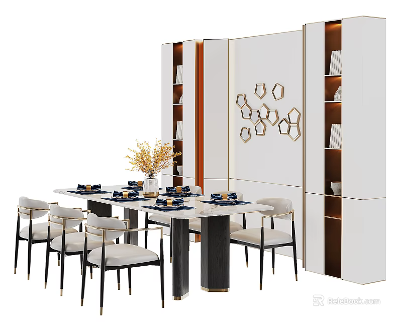 Modern Dining Table Set With Chairs Decorative Flowers Cabinets And Hexagonal Wall Decor 3d model