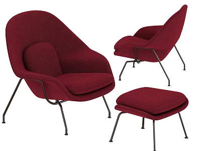 Burgundy Single Seater Sofa With Modern Design Black Metal Legs And Matching Ottoman 3d model