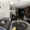 Modern Apartment With Large Screen TV Glass Railing Open Space And Pink Bean Bag Chair