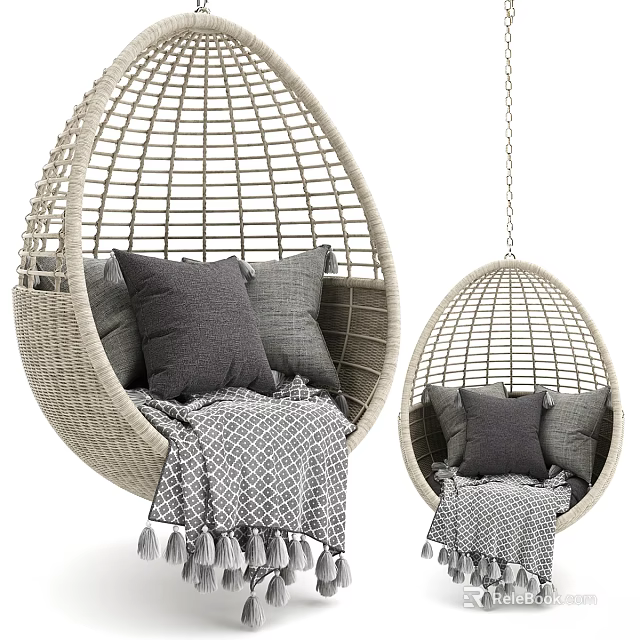 Wicker Hanging Sofa Set With Gray Cushions Cozy Blanket And Tassels Design 3d model 