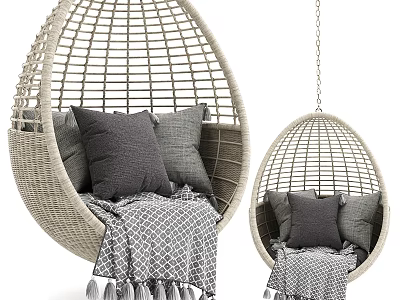 Wicker Hanging Sofa Set With Gray Cushions Cozy Blanket And Tassels Design 3d model