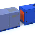 Blue Industrial Equipment Units With Metal Enclosures Vents And Control Panels