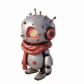 Cute Silver Robot Sculpture With Red Eyes Pink Scarf And Heart Pattern