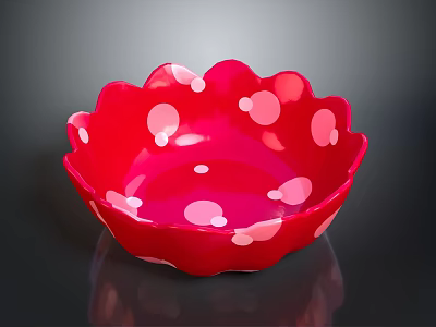 Red Commercial Bowl With Scalloped Edge And Pink Polka Dots Design 3d model