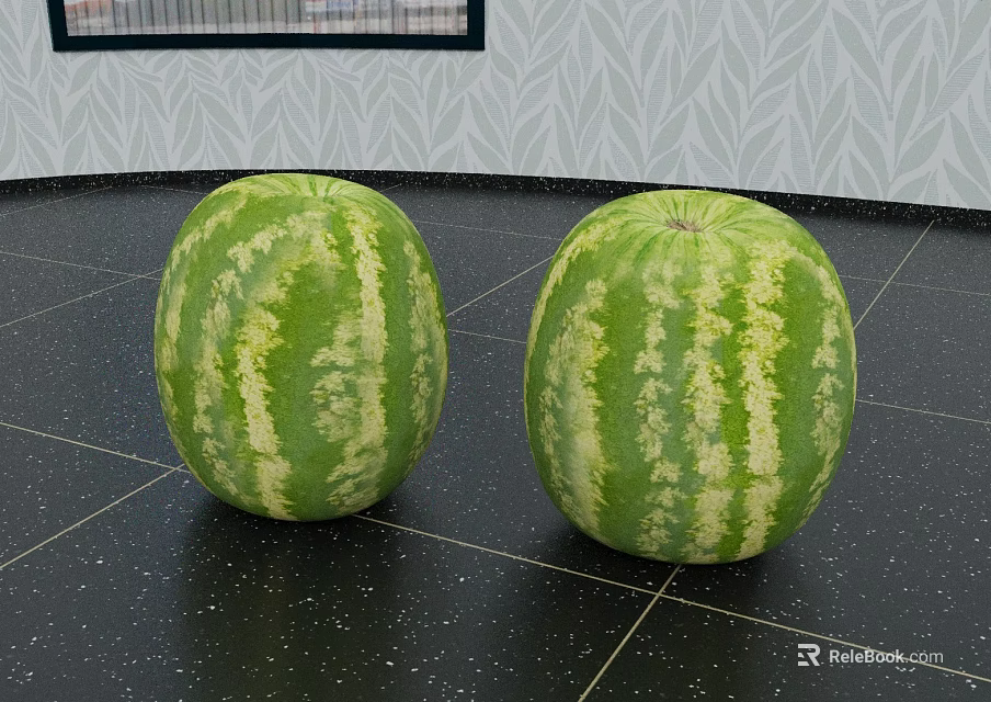 Two Fresh Green Striped Watermelons On Black Tiled Surface With Leaf Pattern Wall 3d model 