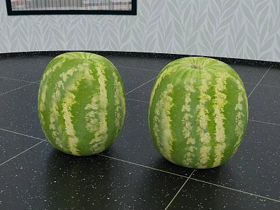 Two Fresh Green Striped Watermelons On Black Tiled Surface With Leaf Pattern Wall 3d model