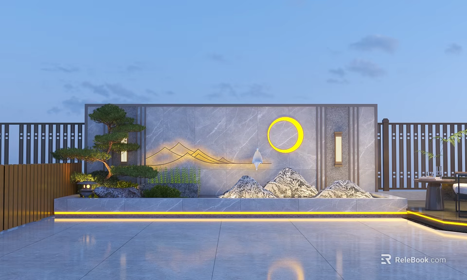 Modern Garden Wall with Yellow Circular Ornament Mountain Pattern Pine Tree and Stone Rockery 3d model 