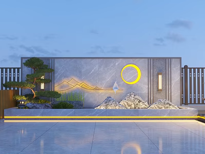 Modern Garden Wall with Yellow Circular Ornament Mountain Pattern Pine Tree and Stone Rockery 3d model