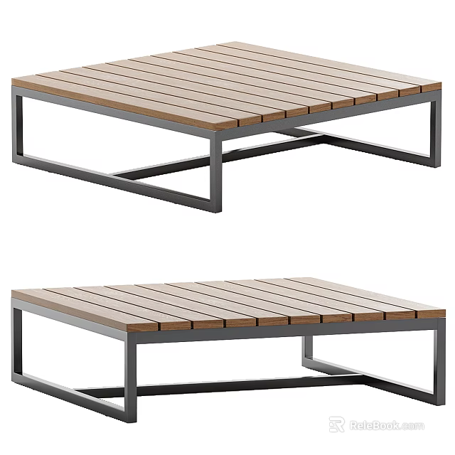 Modern Square Tea Table With Slatted Wooden Top And Metal Frame 3d model 