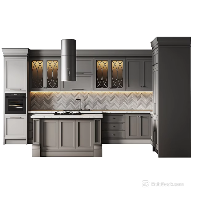 Grey Kitchen Interior Design With Cabinets Island Tile Backsplash And Range Hood 3d model