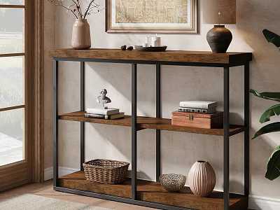 Modern Entryway Cabinet Sideboard With Wooden Shelves Metal Frame And Decorative Vases 3d model