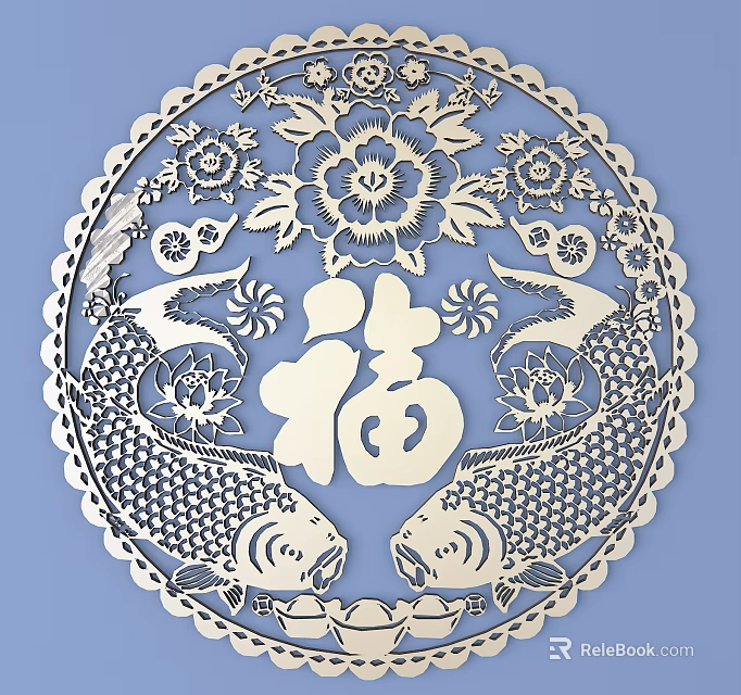 Traditional Circular Carving With Fu Character Double Fish Flowers And Lotus Decorative Design 3d model 