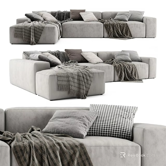 Neutral Gray Sectional Sofa With Cozy Blankets And Decorative Pillows 3d model