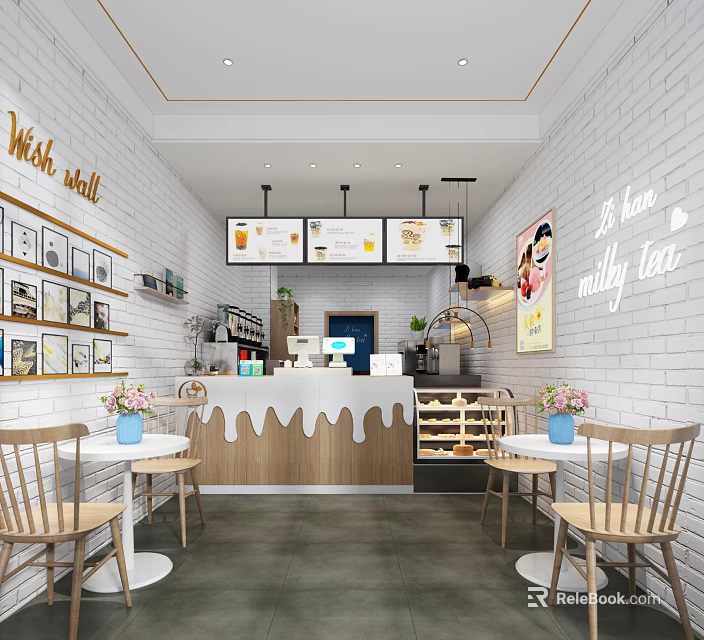 Modern Style Milk Tea Shop With White Brick Walls Wooden Tables And Chairs 3d model 