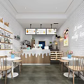 Modern Style Milk Tea Shop With White Brick Walls Wooden Tables And Chairs