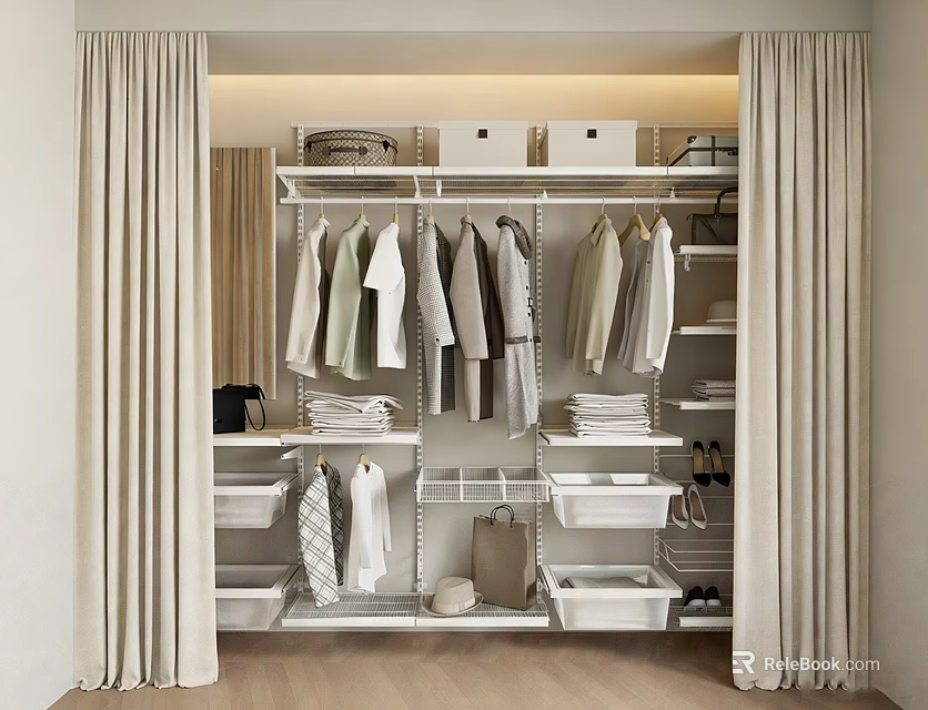 Organized Wardrobe Interior With Hanging Clothes Folded Items Storage Boxes And Drawers 3d model 