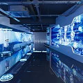 Modern Hi tech Exhibition Hall With LED Screens Futuristic Lighting Circular Platform And Digital Backdrop
