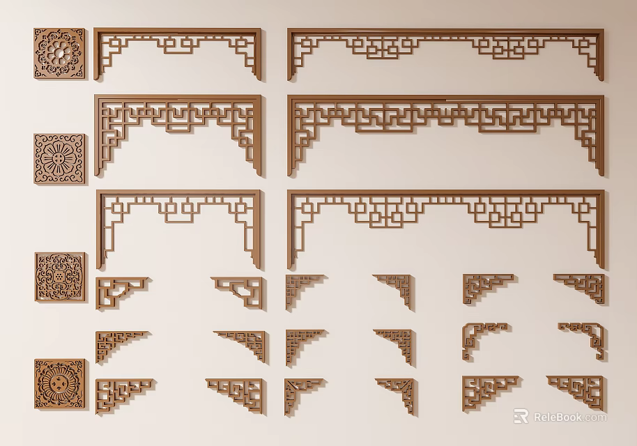 Traditional Intricate Wooden Carved Decorative Elements With Various Corner And Border Patterns 3d model 