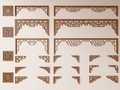 Traditional Intricate Wooden Carved Decorative Elements With Various Corner And Border Patterns 3d model