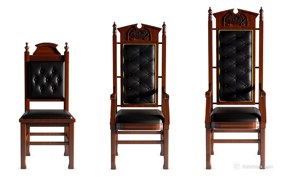 Elegant Wooden Frame Leisure Chairs With Black Leather Seats And Decorative Carved Backrests 3d model 