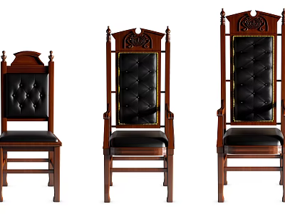 Elegant Wooden Frame Leisure Chairs With Black Leather Seats And Decorative Carved Backrests 3d model
