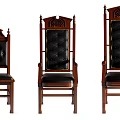 Elegant Wooden Frame Leisure Chairs With Black Leather Seats And Decorative Carved Backrests