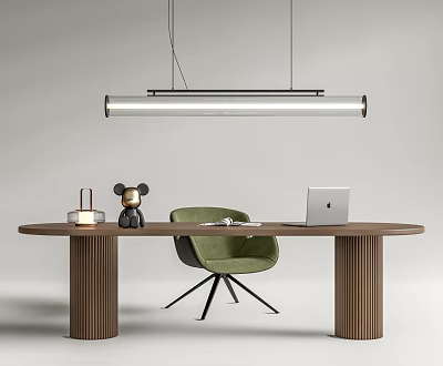 Modern Wooden Desk With Cylindrical Legs Green Chair Laptop And Pendant Light 3d model