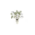 Elegant White Ceramic Vase With White Spherical Flowers Green Leaves And Delicate Foliage Arrangement