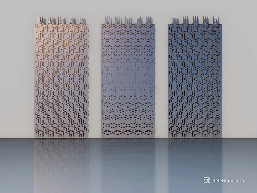 Three Hinged Doors With Geometric Patterns And Metallic Finish On White Background 3d model 