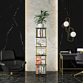 Elegant Modern Bookcase With Gold Frame And Green Plant On Marble Wall Background