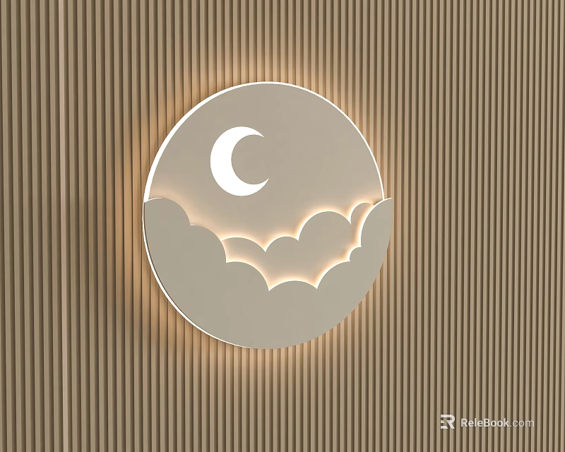 Illuminated Circular Wall Lamp With Moon And Clouds Design On Vertical Striped Brown Wall 3d model 